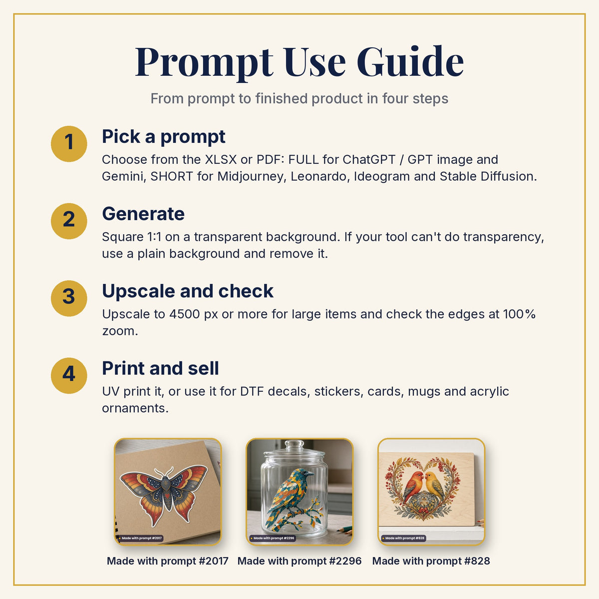 Prompt Use Guide: pick a prompt, generate, upscale and check, then print and sell, with example products made with prompts #2017, #2296 and #828