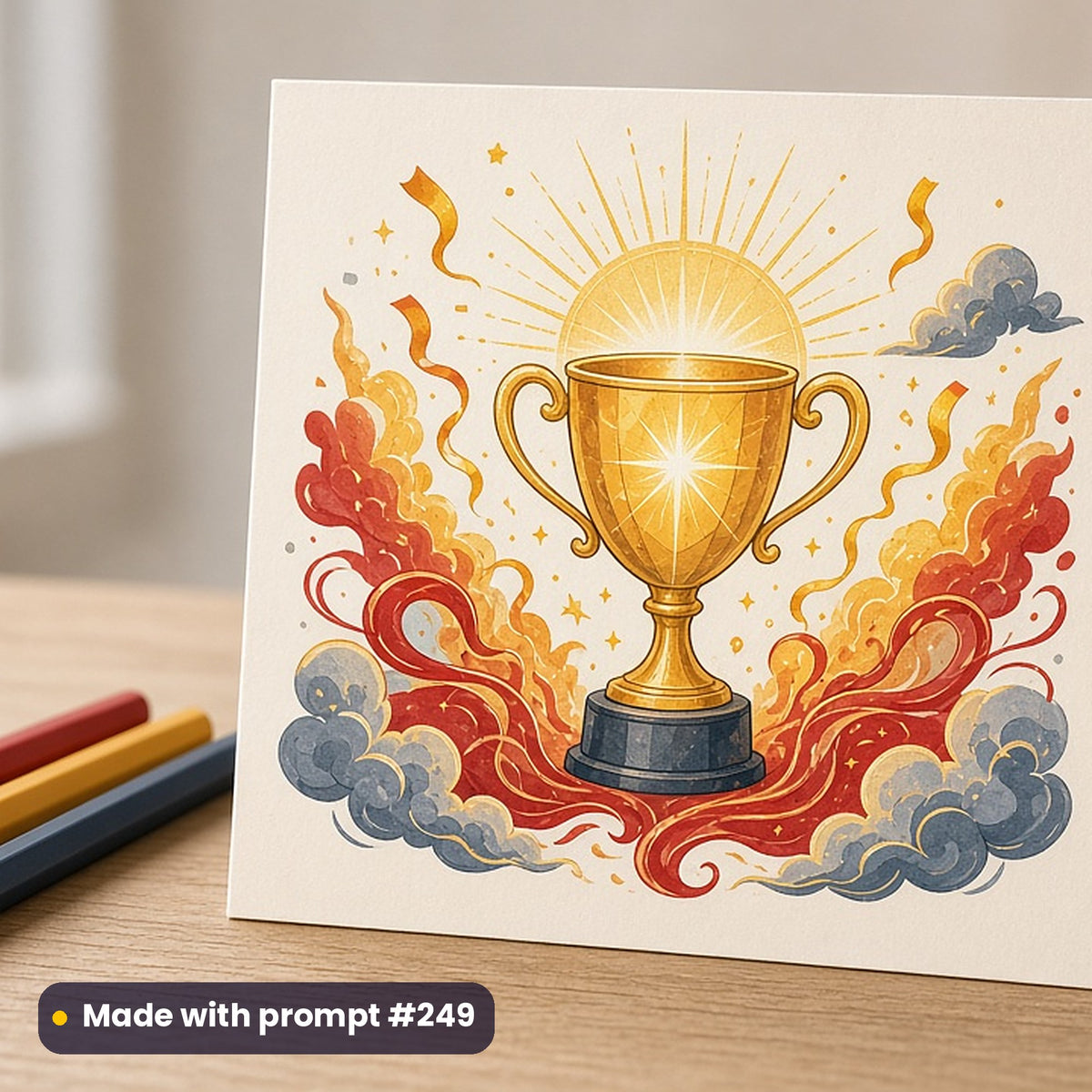 Celebration & Milestones artwork printed on a flat-printed greeting card: celebration trophy illustration, fantasy luminous style, made with prompt #249 from this pack