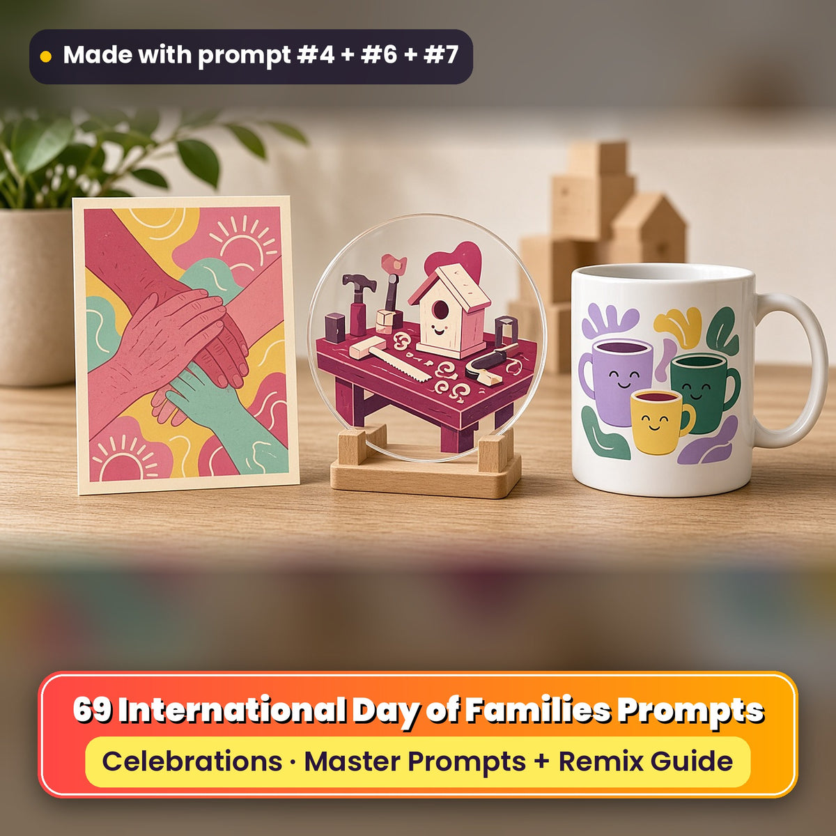 International Day of Families prompt pack: 69 master prompts + Remix Guide, with a UV-printed greeting card, acrylic ornament and mug set made with prompts #4, #6 and #7