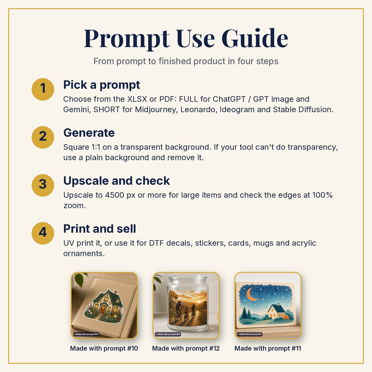Prompt Use Guide: pick a prompt, generate, upscale and check, then print and sell, with example products made with prompts #10, #12 and #11