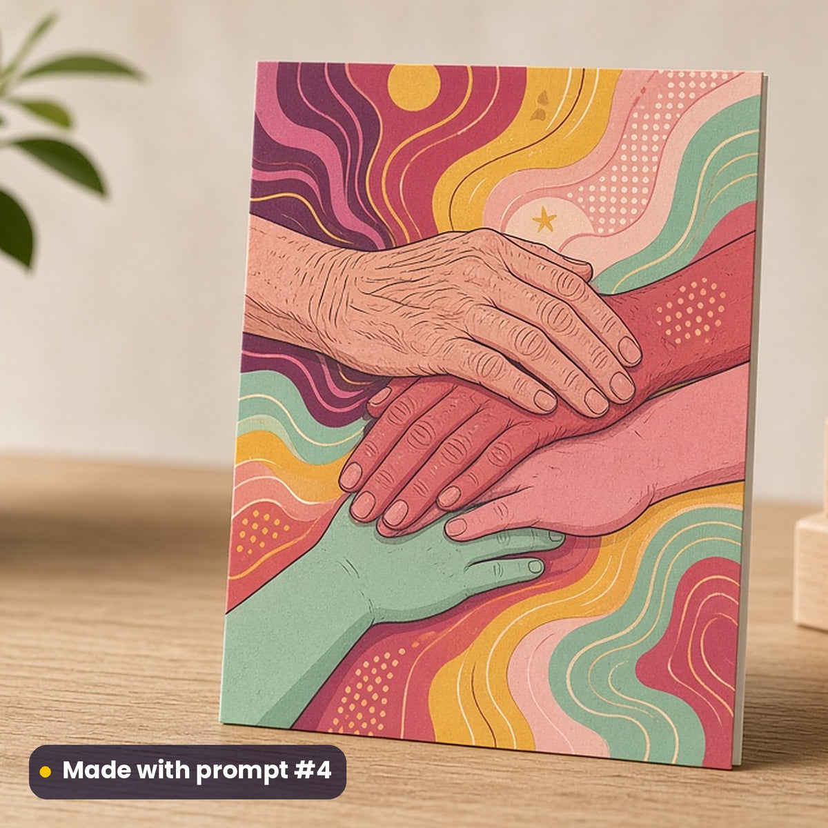 International Day of Families artwork printed on a flat-printed greeting card: hands of three generations stacked together, retro psychedelic style, made with prompt #4 from this pack