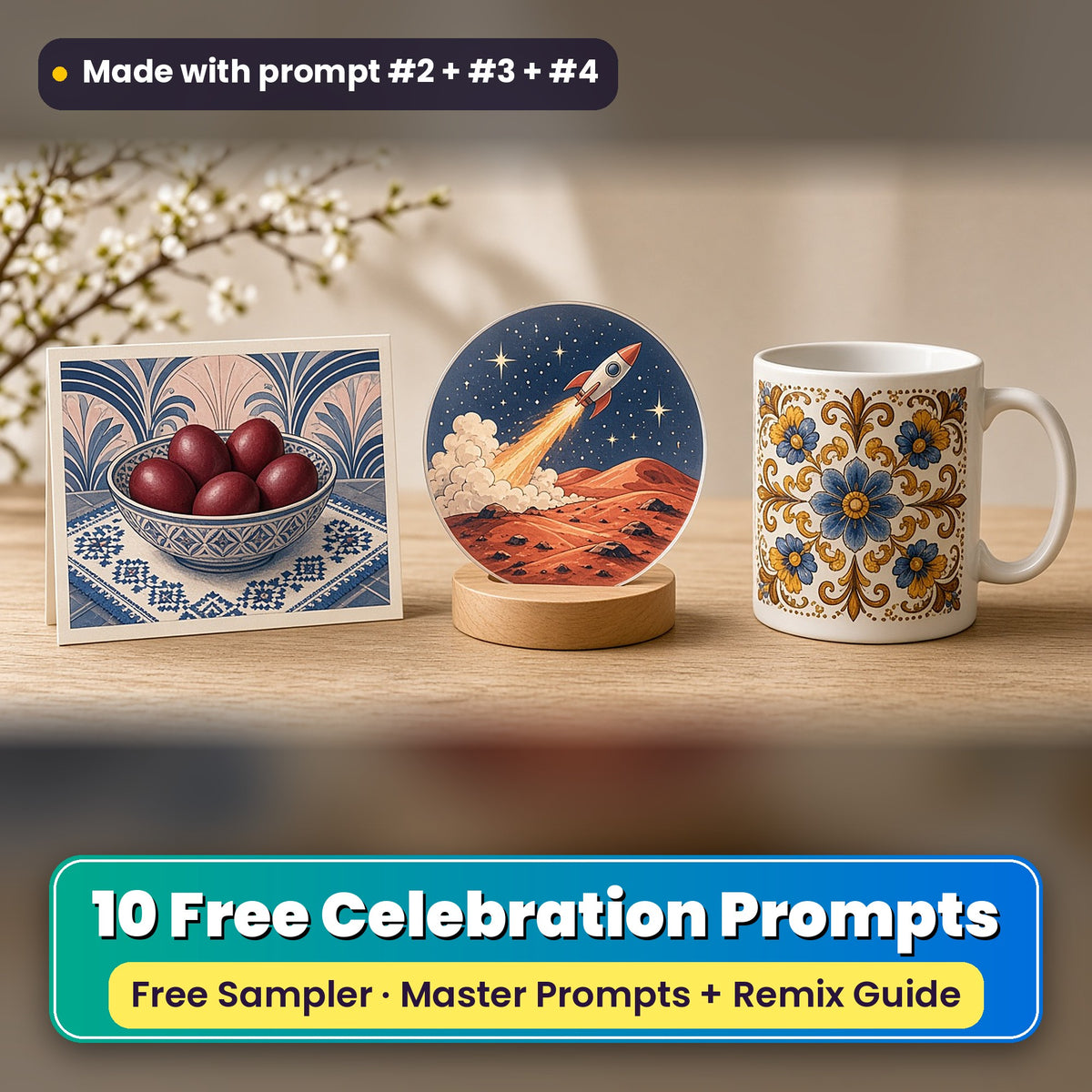 Worldwide Celebrations Free Prompt Sampler prompt pack: 10 master prompts + Remix Guide, with a UV-printed greeting card, acrylic ornament and mug set made with prompts #2, #3 and #4