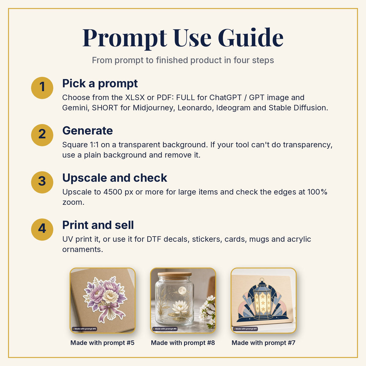 Prompt Use Guide: pick a prompt, generate, upscale and check, then print and sell, with example products made with prompts #5, #8 and #7