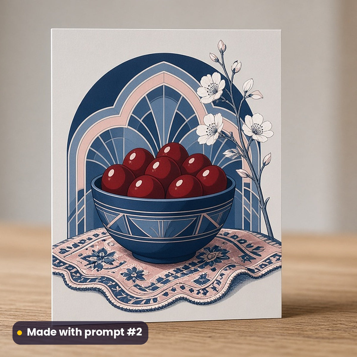 Orthodox Easter artwork printed on a flat-printed greeting card: bowl of deep red dyed eggs on an embroidered cloth, art deco style, made with prompt #2 from this pack