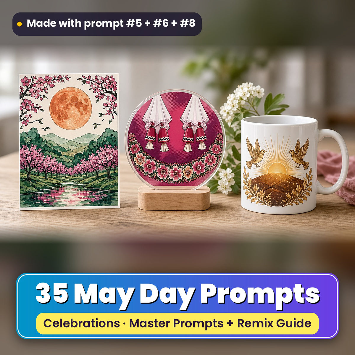 May Day prompt pack: 35 master prompts + Remix Guide, with a UV-printed greeting card, acrylic ornament and mug set made with prompts #5, #6 and #8