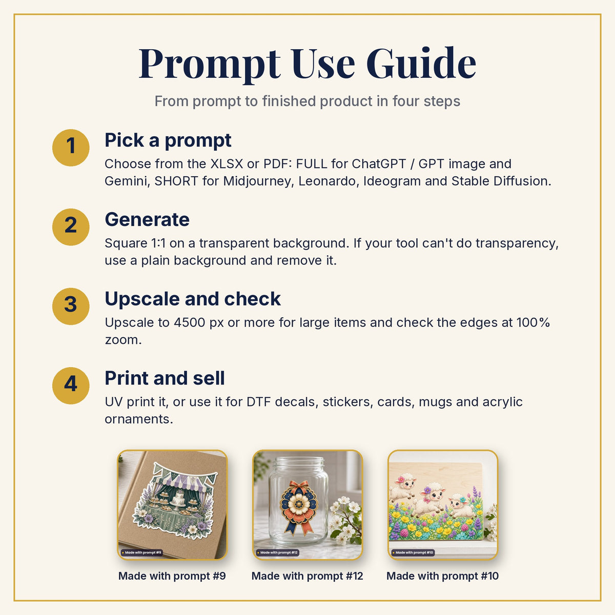 Prompt Use Guide: pick a prompt, generate, upscale and check, then print and sell, with example products made with prompts #9, #12 and #10