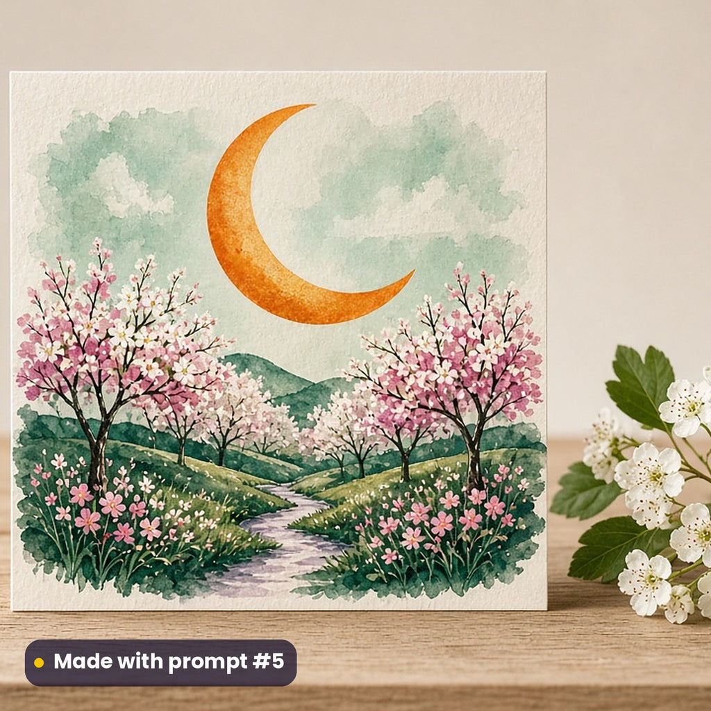 May Day artwork printed on a flat-printed greeting card: May moon rising over a blossom orchard, watercolour & ink style, made with prompt #5 from this pack
