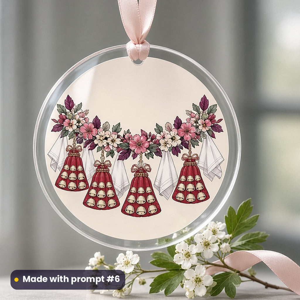 May Day artwork printed on a UV-printed clear acrylic ornament: morris bells and white handkerchiefs on a flower garland, pop art style, made with prompt #6 from this pack