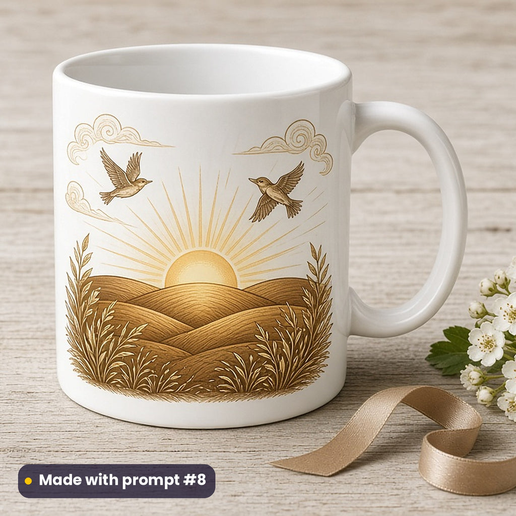 May Day artwork printed on a UV-printed ceramic mug: sunrise over a hilltop with skylarks, fantasy heraldic style, made with prompt #8 from this pack