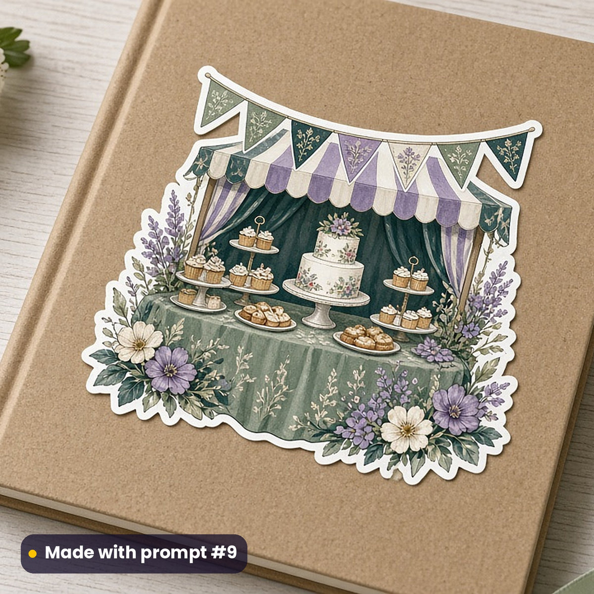 May Day artwork printed on a die-cut vinyl sticker: village fete triangle bunting over a cake stall, elegant line & floral style, made with prompt #9 from this pack