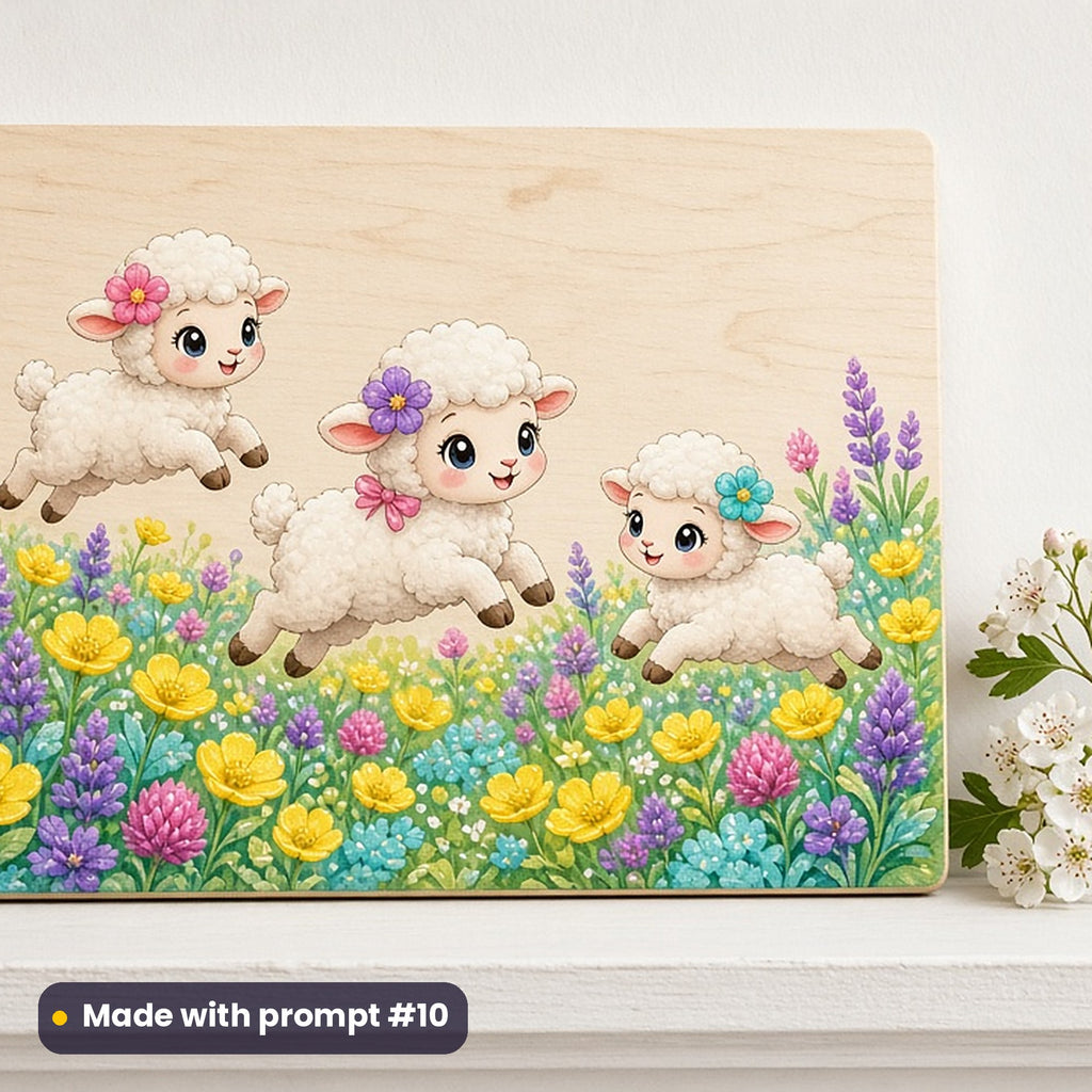 May Day artwork printed on a UV-printed wooden plaque: lambs leaping in a buttercup meadow, cute kawaii style, made with prompt #10 from this pack