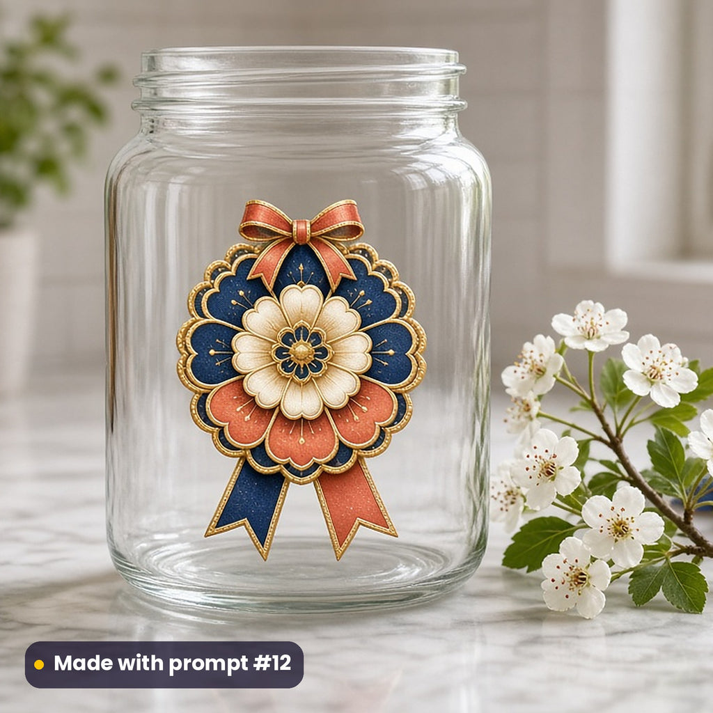 May Day artwork printed on a UV DTF decal on glass: spring rosette ribbon medal, fantasy luminous style, made with prompt #12 from this pack
