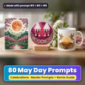 May Day prompt pack: 80 master prompts + Remix Guide, with a UV-printed greeting card, acrylic ornament and mug set made with prompts #5, #6 and #8