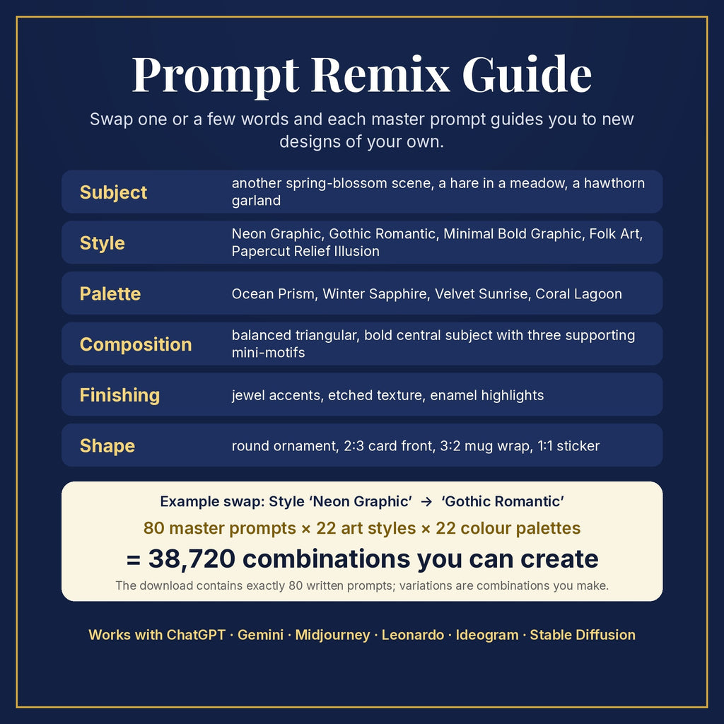 Prompt Remix Guide: swap subject, style, palette, composition, finishing and shape; 80 master prompts × 22 styles × 22 palettes = 38,720 combinations you can create