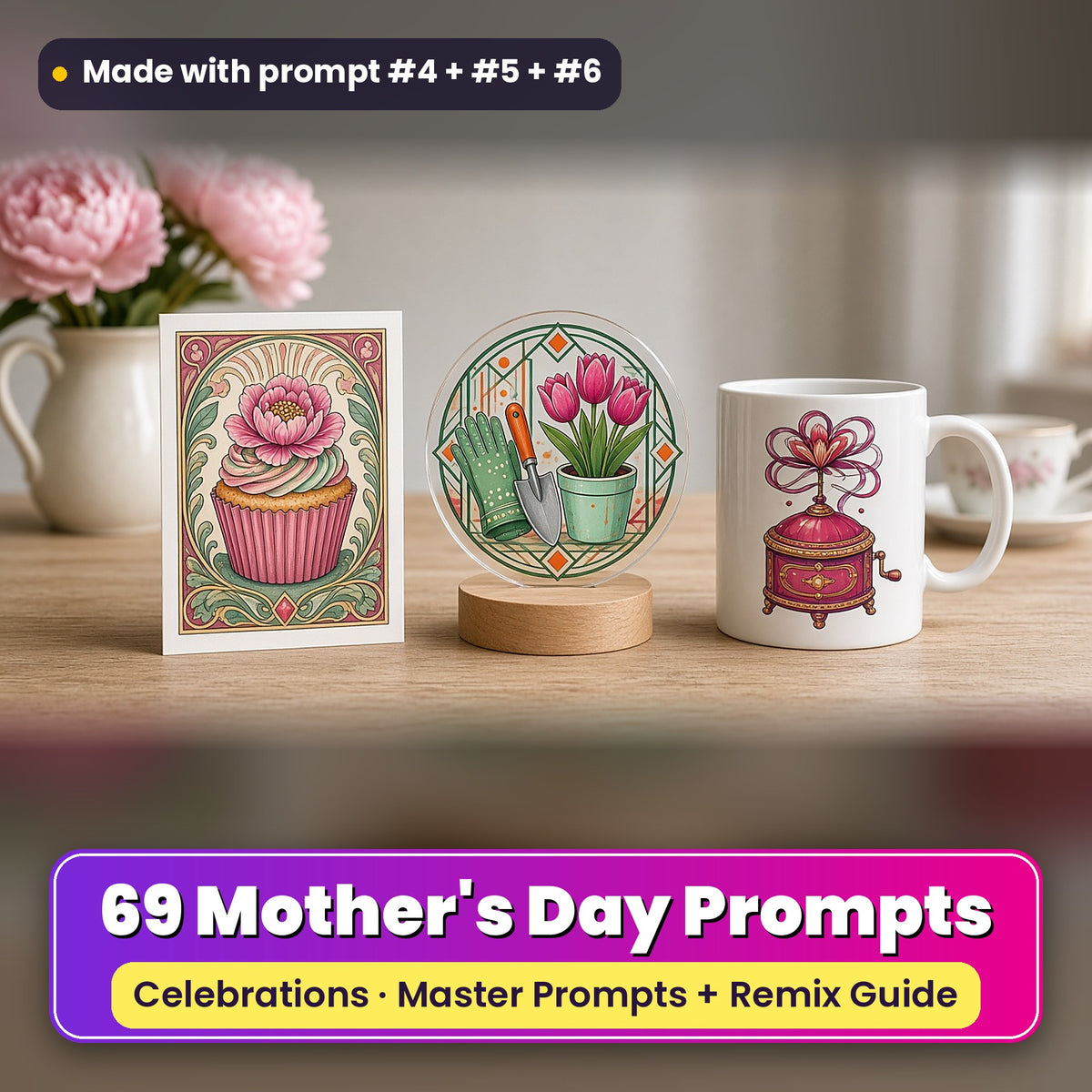 Mother's Day prompt pack: 69 master prompts + Remix Guide, with a UV-printed greeting card, acrylic ornament and mug set made with prompts #4, #5 and #6