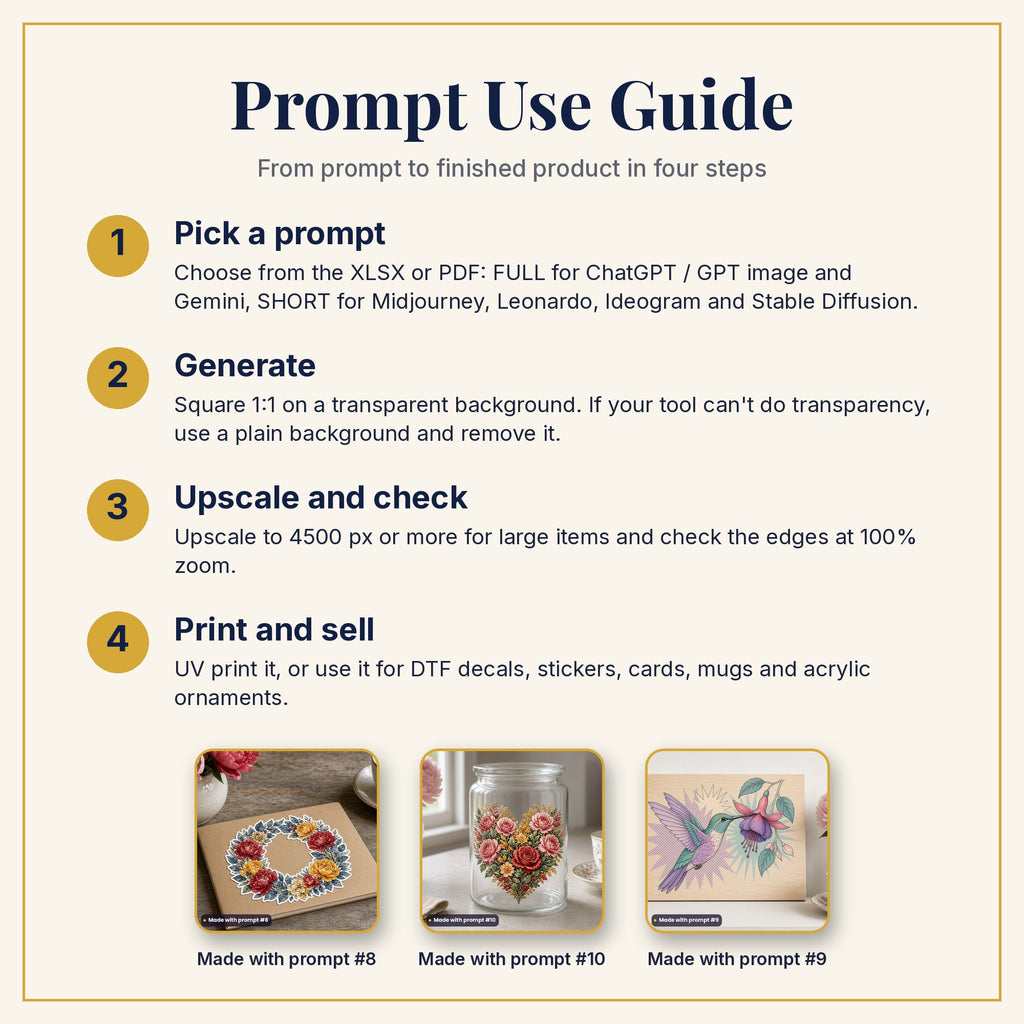 Prompt Use Guide: pick a prompt, generate, upscale and check, then print and sell, with example products made with prompts #8, #10 and #9