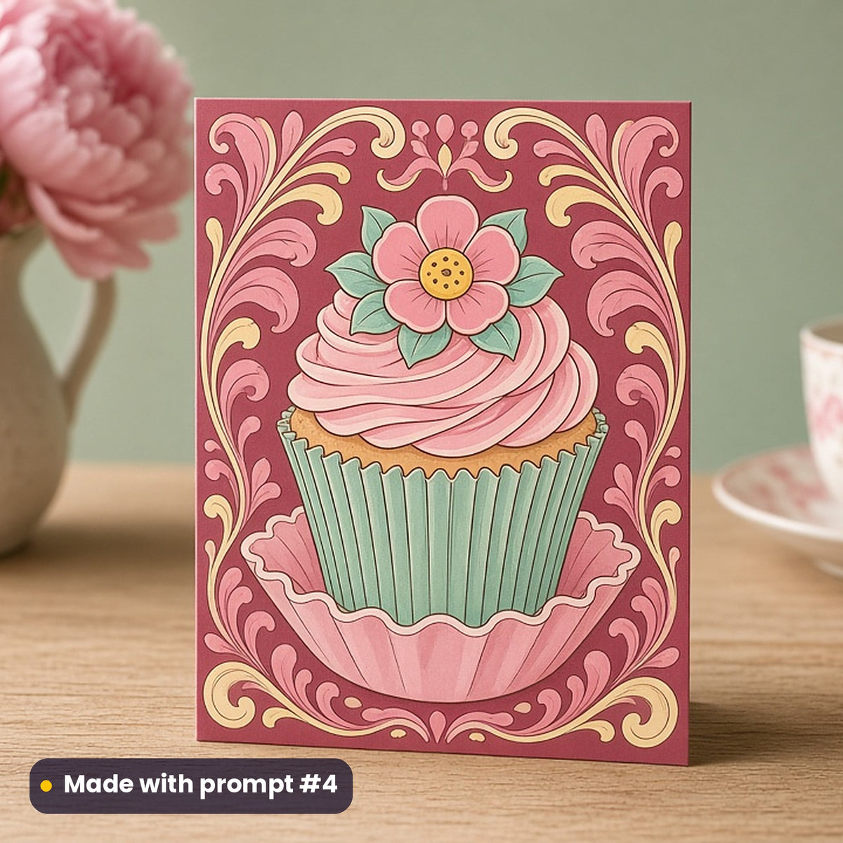 Mother's Day artwork printed on a flat-printed greeting card: cute cupcake topped with a flower, art nouveau style, made with prompt #4 from this pack