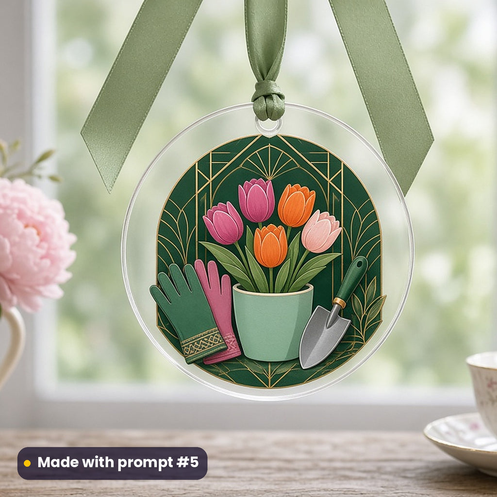 Mother's Day artwork printed on a UV-printed clear acrylic ornament: gardening gloves, trowel and potted tulips, art deco style, made with prompt #5 from this pack
