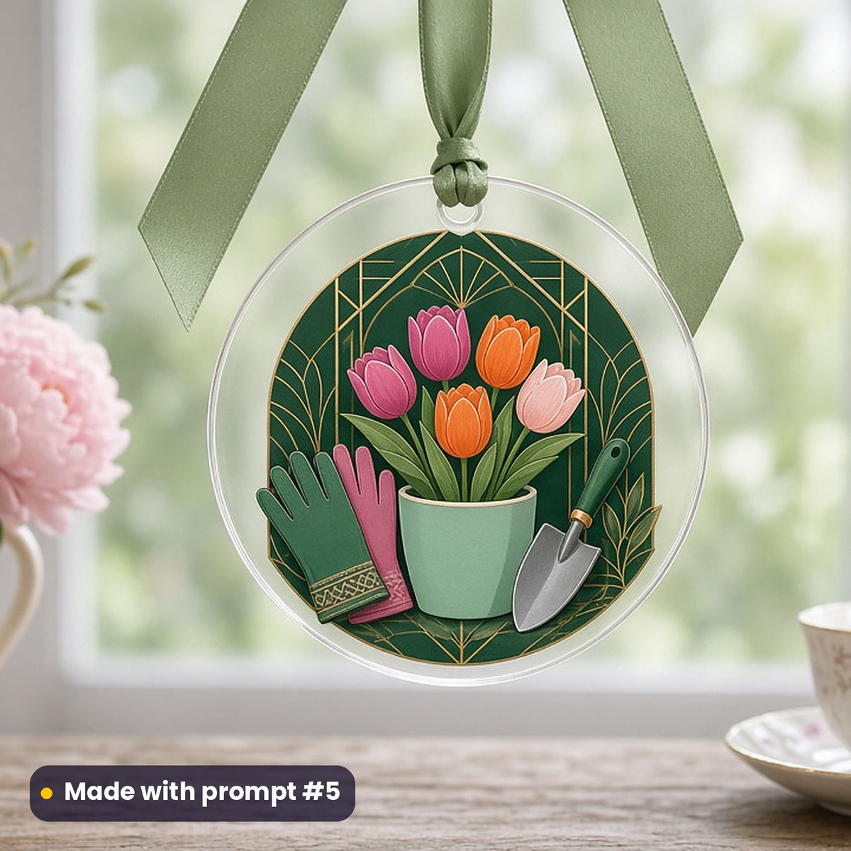 Mother's Day artwork printed on a UV-printed clear acrylic ornament: gardening gloves, trowel and potted tulips, art deco style, made with prompt #5 from this pack