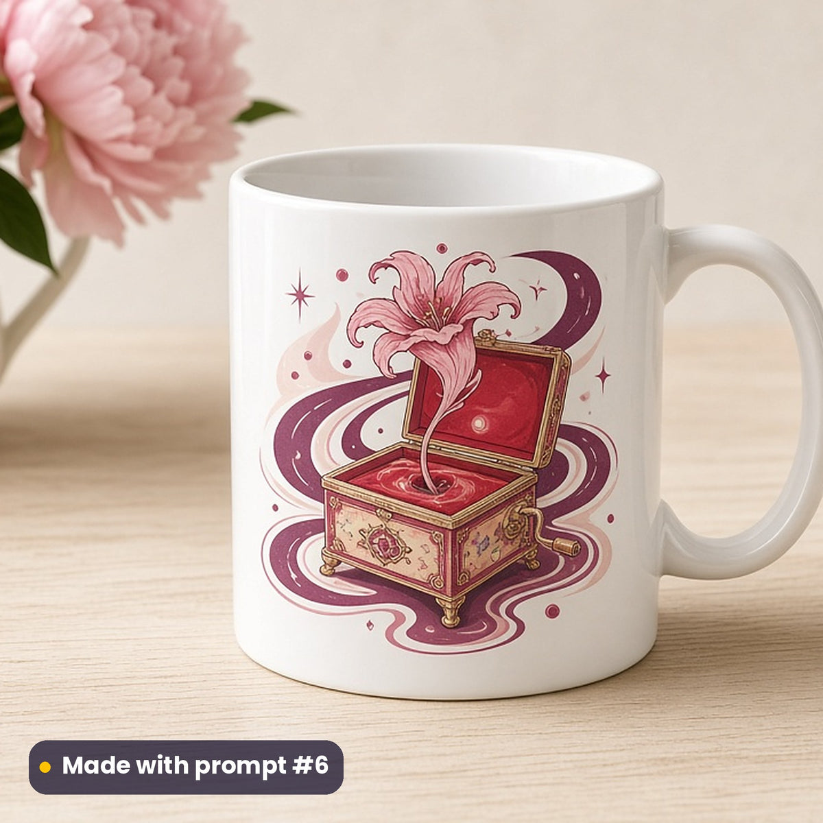 Mother's Day artwork printed on a UV-printed ceramic mug: music box with a twirling flower, retro psychedelic style, made with prompt #6 from this pack