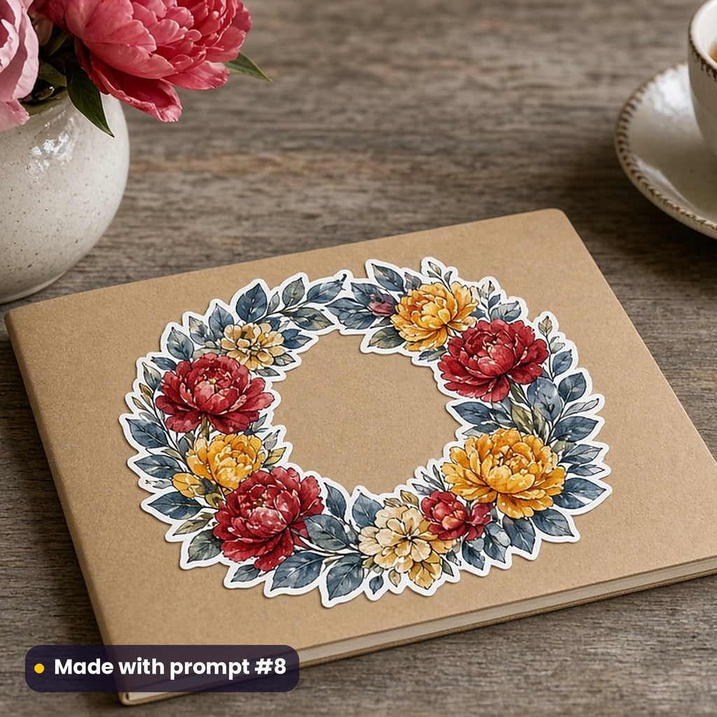 Mother's Day artwork printed on a die-cut vinyl sticker: wreath of hydrangeas and eucalyptus, watercolour & ink style, made with prompt #8 from this pack