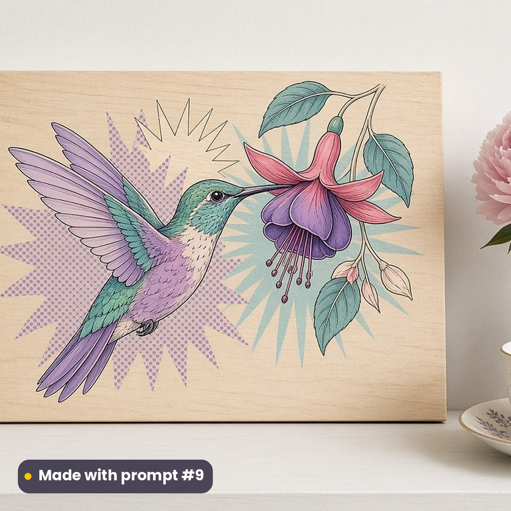 Mother's Day artwork printed on a UV-printed wooden plaque: hummingbird feeding at a fuchsia, pop art style, made with prompt #9 from this pack