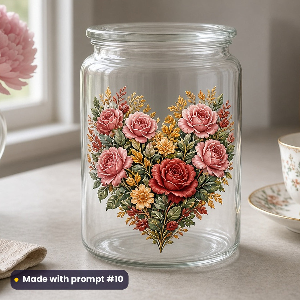Mother's Day artwork printed on a UV DTF decal on glass: heart made of pink and red roses, fantasy luminous style, made with prompt #10 from this pack