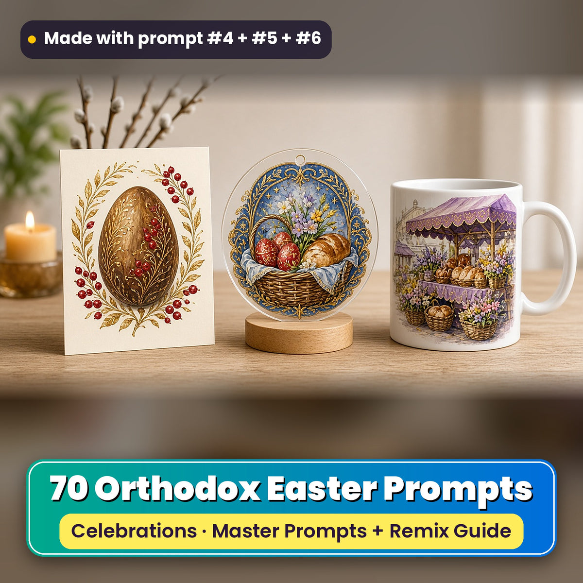 Orthodox Easter prompt pack: 70 master prompts + Remix Guide, with a UV-printed greeting card, acrylic ornament and mug set made with prompts #4, #5 and #6