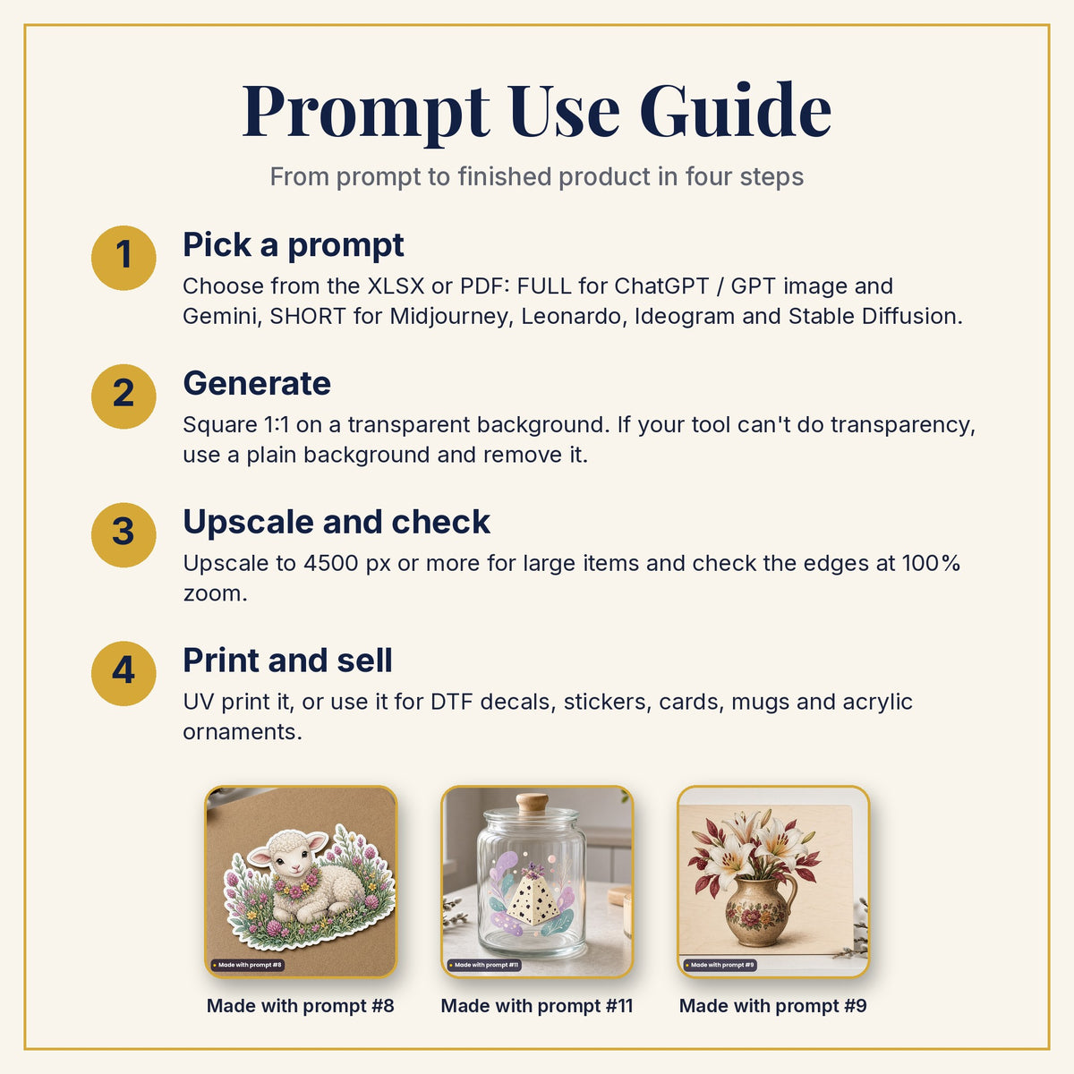 Prompt Use Guide: pick a prompt, generate, upscale and check, then print and sell, with example products made with prompts #8, #11 and #9