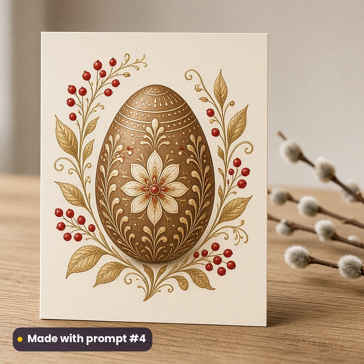 Orthodox Easter artwork printed on a flat-printed greeting card: painted wooden egg with red berries and gold leaves, elegant line & floral style, made with prompt #4 from this pack