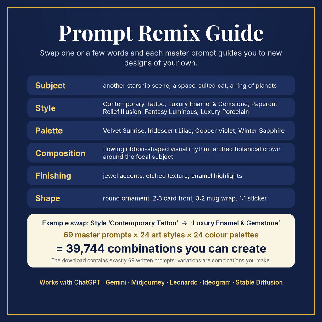 Prompt Remix Guide: swap subject, style, palette, composition, finishing and shape; 69 master prompts × 24 styles × 24 palettes = 39,744 combinations you can create