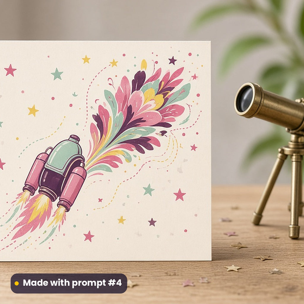 Sci-Fi Fan Day artwork printed on a flat-printed greeting card: jetpack trailing flame-shaped flowers, modern scandinavian style, made with prompt #4 from this pack