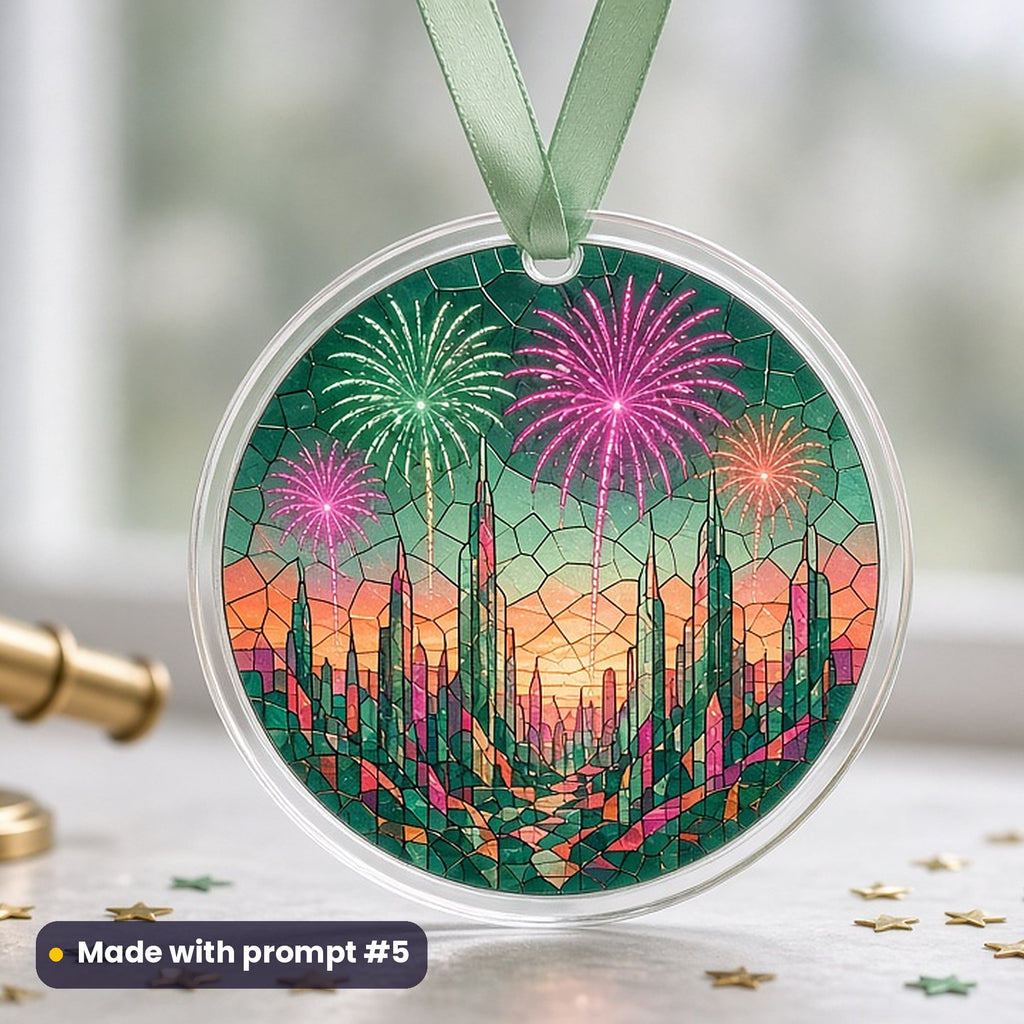 Sci-Fi Fan Day artwork printed on a UV-printed clear acrylic ornament: fireworks over a futuristic city, mosaic jewel style, made with prompt #5 from this pack