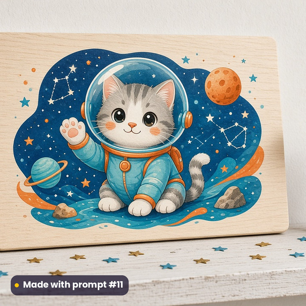 Sci-Fi Fan Day artwork printed on a UV-printed wooden plaque: space cat in a bubble helmet, cute kawaii style, made with prompt #11 from this pack