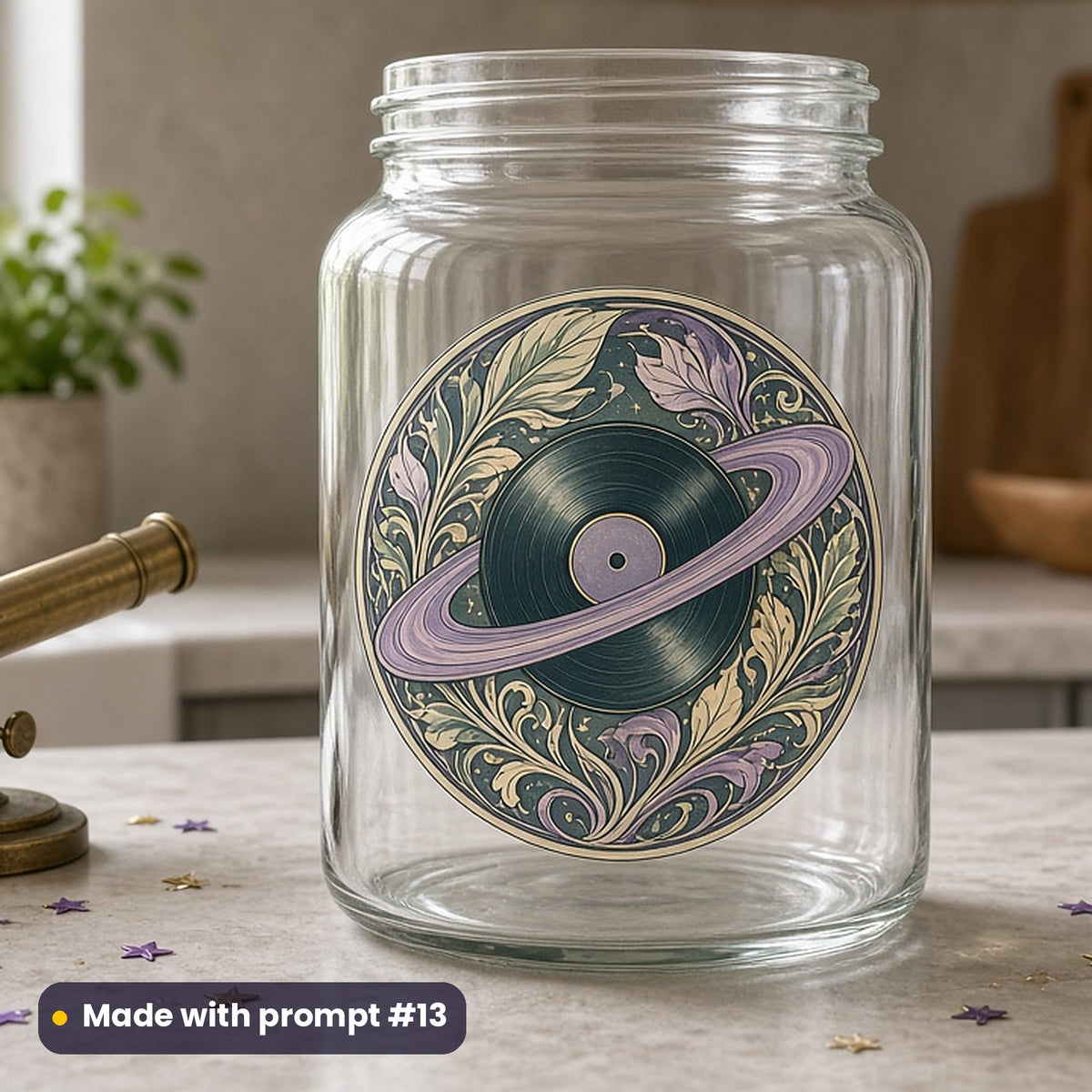 Sci-Fi Fan Day artwork printed on a UV DTF decal on glass: vinyl record shaped like a ringed planet, art nouveau style, made with prompt #13 from this pack