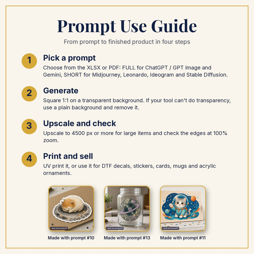 Prompt Use Guide: pick a prompt, generate, upscale and check, then print and sell, with example products made with prompts #10, #13 and #11