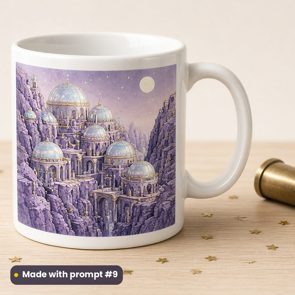 Sci-Fi Fan Day artwork printed on a UV-printed ceramic mug: glass-roofed canyon city carved into violet cliffs, luxury enamel & gemstone style, made with prompt #9 from this pack
