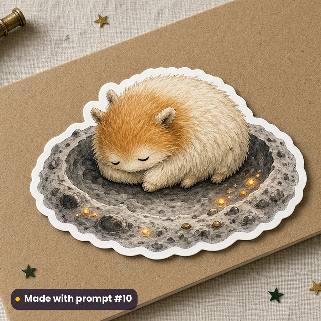 Sci-Fi Fan Day artwork printed on a die-cut vinyl sticker: fluffy six-legged moon critter napping in a crater bed, whimsical storybook style, made with prompt #10 from this pack