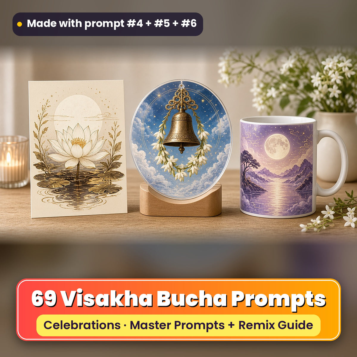 Visakha Bucha prompt pack: 69 master prompts + Remix Guide, with a UV-printed greeting card, acrylic ornament and mug set made with prompts #4, #5 and #6