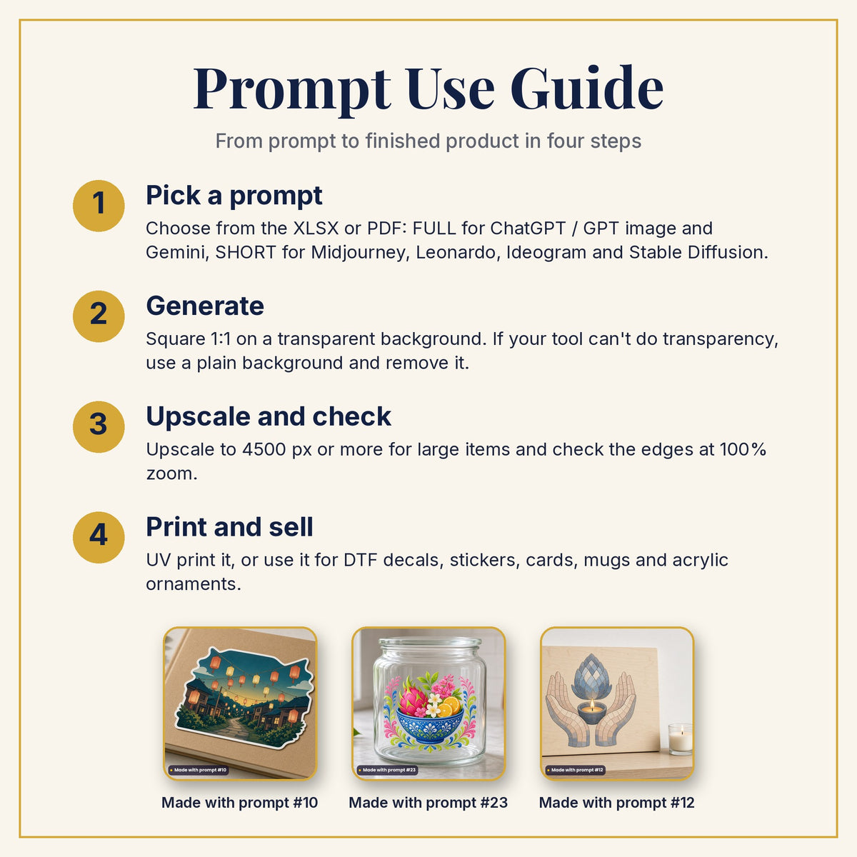 Prompt Use Guide: pick a prompt, generate, upscale and check, then print and sell, with example products made with prompts #10, #23 and #12