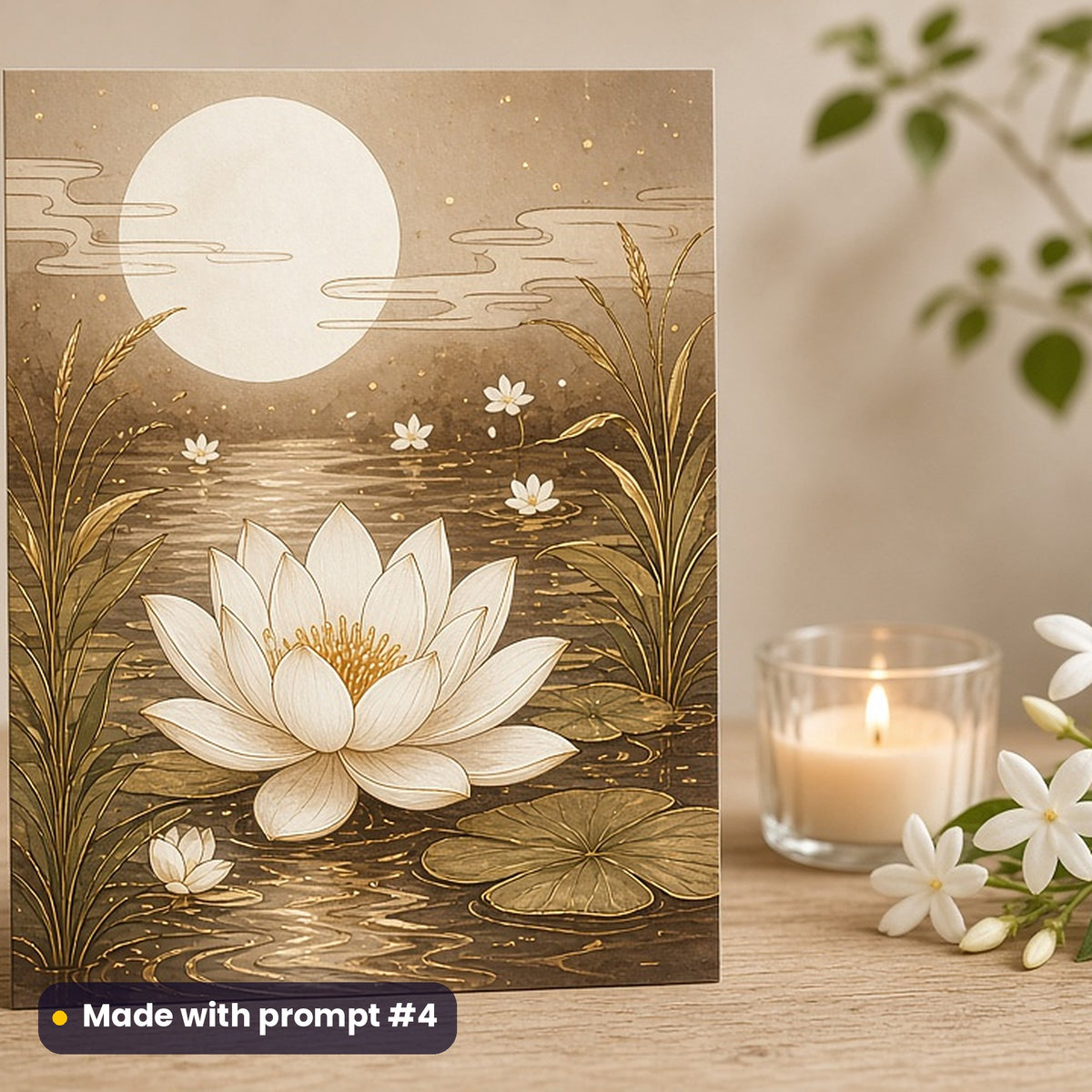Visakha Bucha artwork printed on a flat-printed greeting card: white lotus blooming in a moonlit pond, elegant line & floral style, made with prompt #4 from this pack