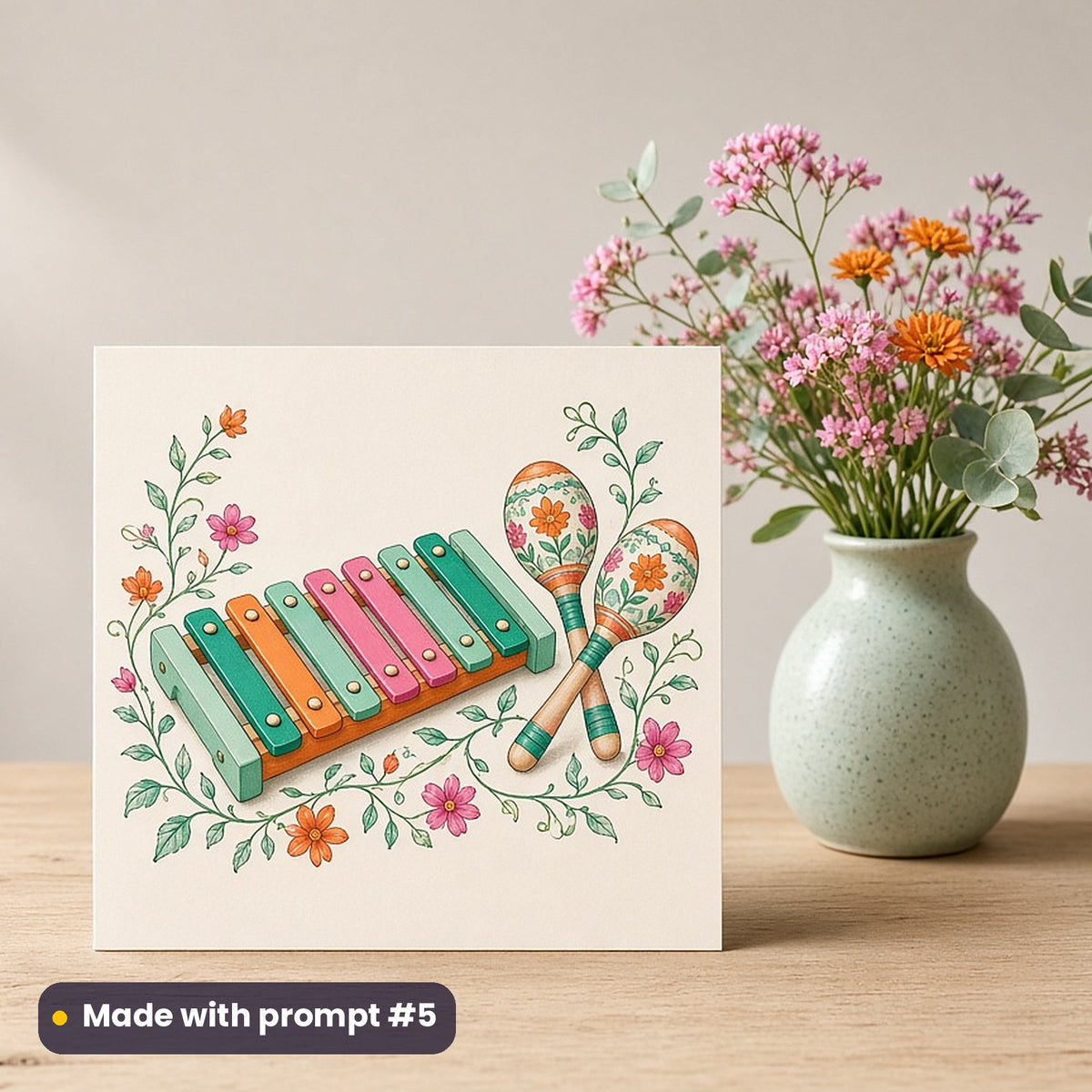International Children's Day artwork printed on a flat-printed greeting card: toy xylophone and maracas, elegant line & floral style, made with prompt #5 from this pack