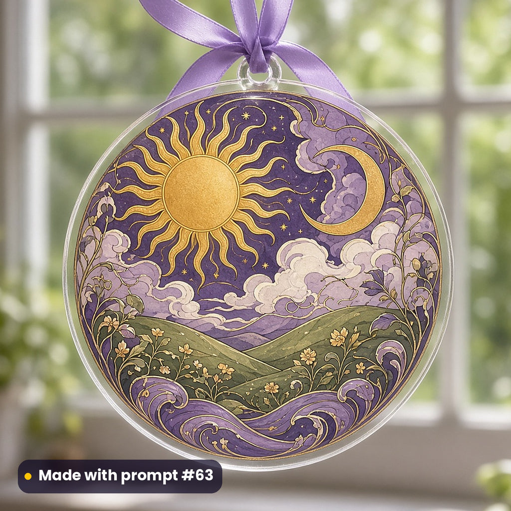 World Environment Day artwork printed on a UV-printed clear acrylic ornament: sun and moon over a green hillside, art nouveau style, made with prompt #63 from this pack