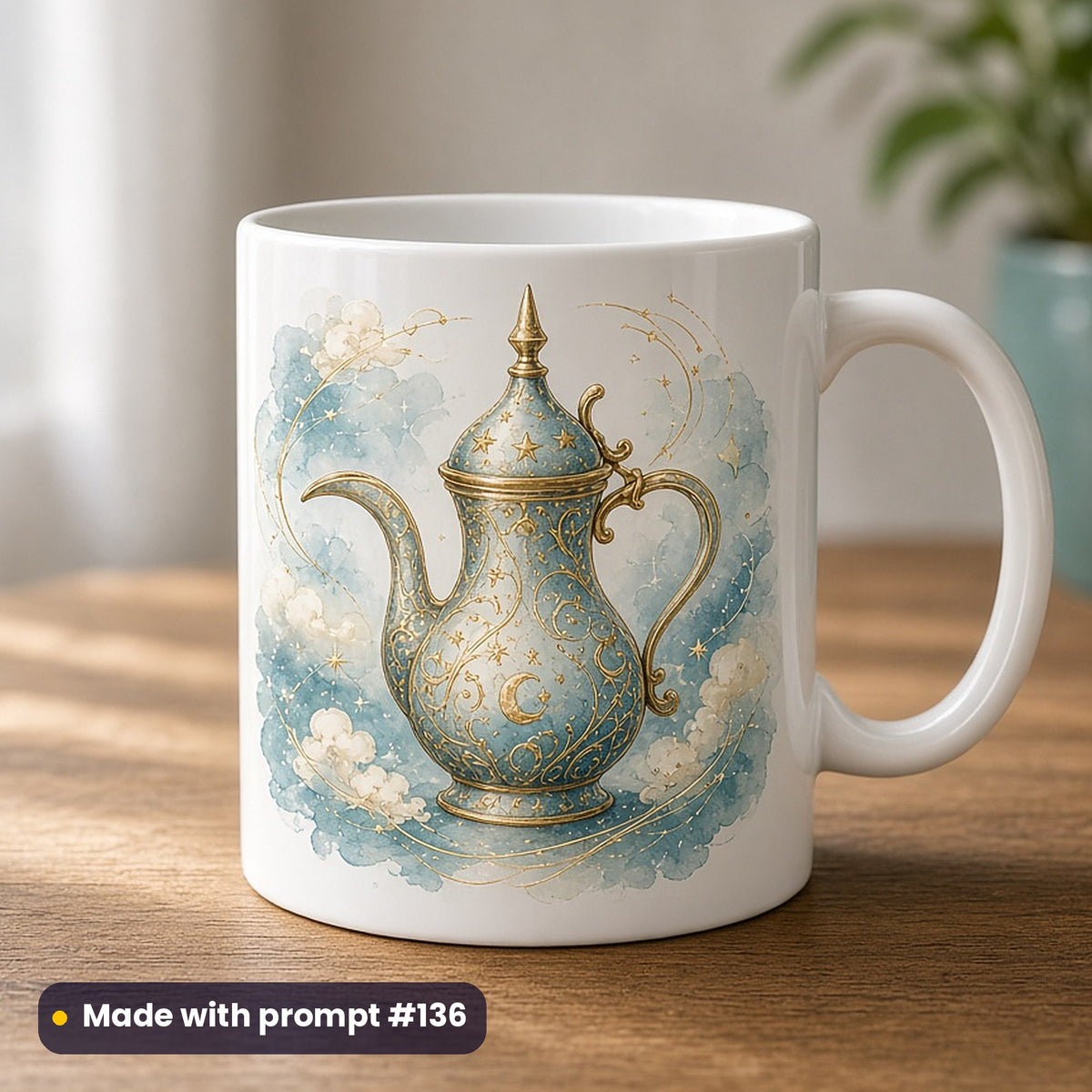 Islamic New Year artwork printed on a UV-printed ceramic mug: antique brass coffee pot of original design, fantasy luminous style, made with prompt #136 from this pack