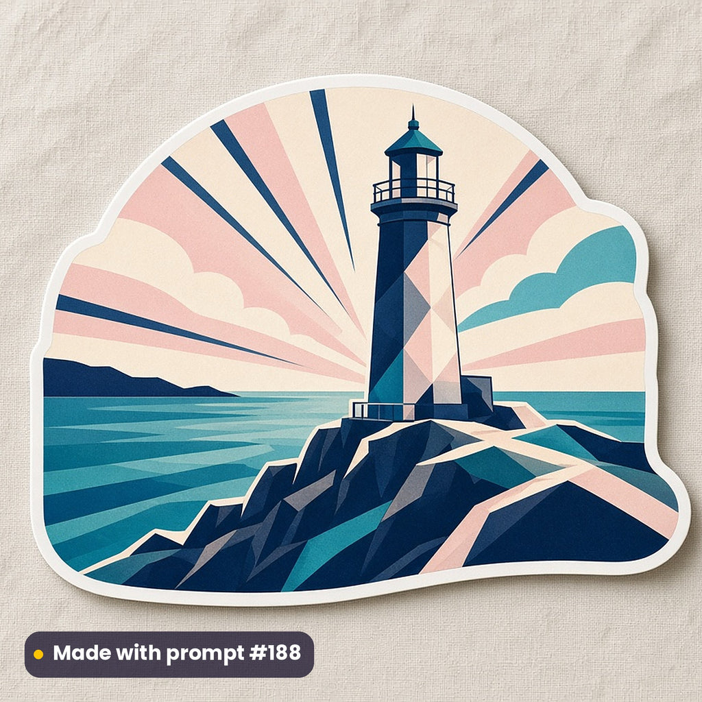 World Oceans Day artwork printed on a die-cut vinyl sticker: lighthouse on a rocky coast, art deco style, made with prompt #188 from this pack