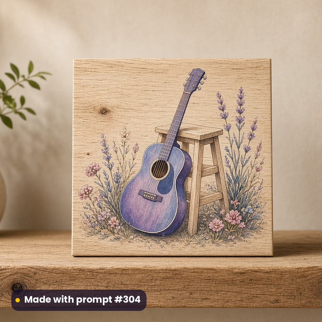 Father's Day artwork printed on a UV-printed wooden plaque: acoustic guitar leaning on a stool, cottagecore style, made with prompt #304 from this pack