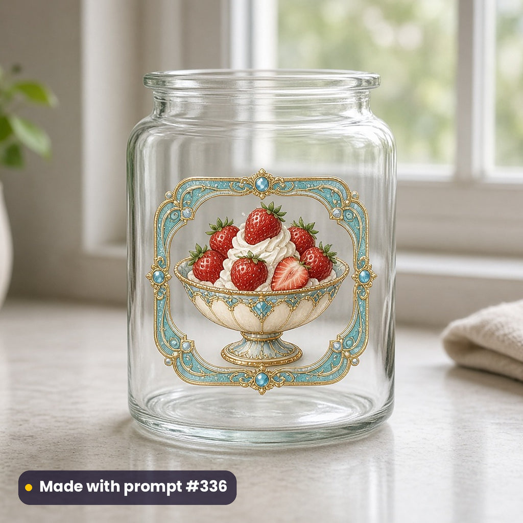 Summer Solstice artwork printed on a UV DTF decal on glass: bowl of wild strawberries in midsummer sun, luxury enamel & gemstone style, made with prompt #336 from this pack
