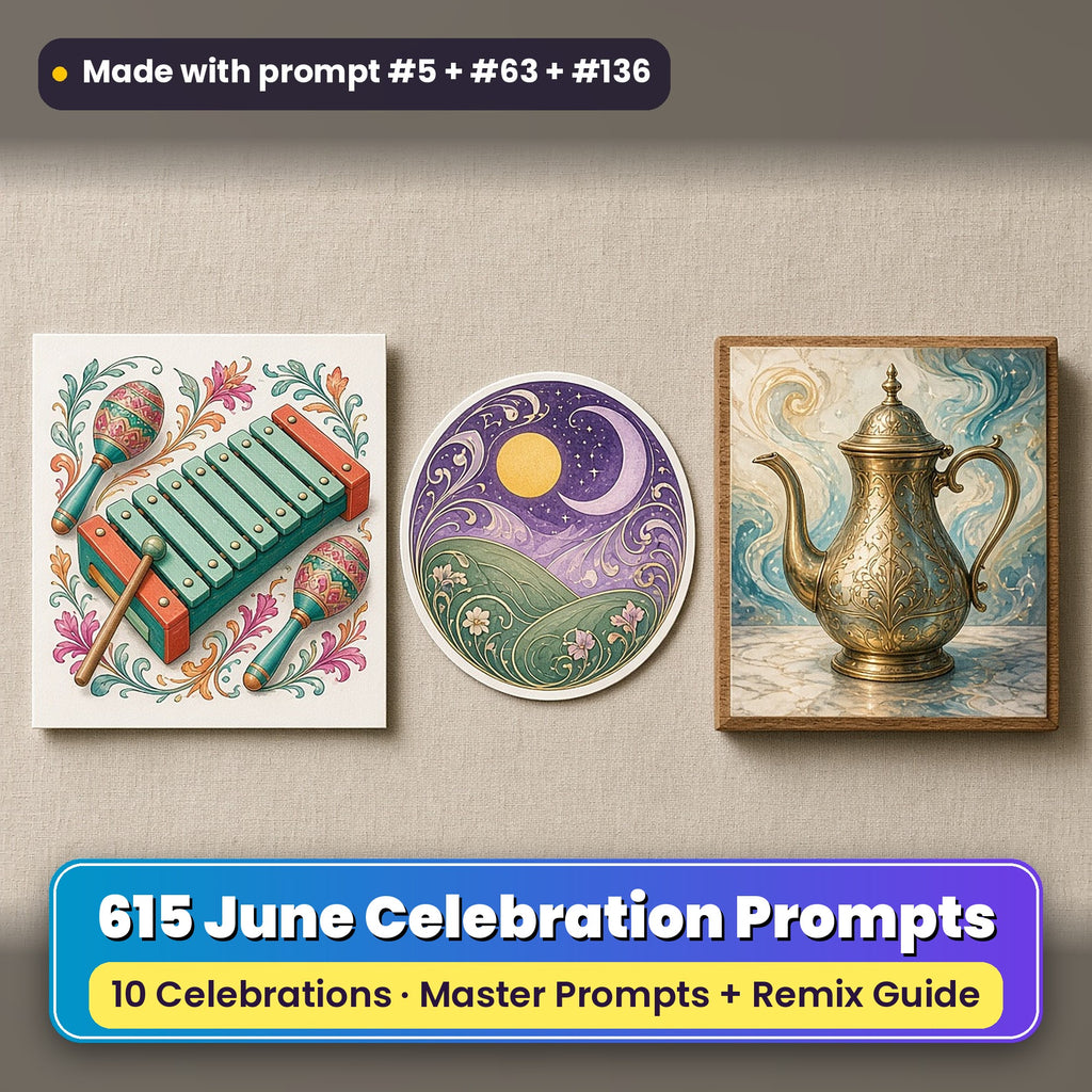 June Celebrations prompt bundle: 615 master prompts + Remix Guide, with a UV-printed greeting card, acrylic ornament and mug set made with prompts #5, #63 and #136