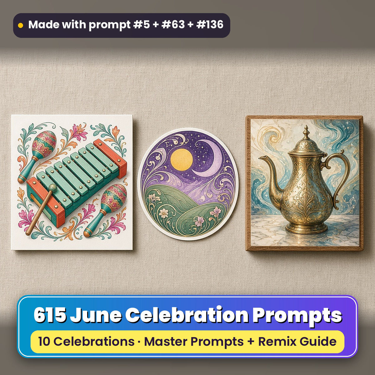 June Celebrations prompt bundle: 615 master prompts + Remix Guide, with a UV-printed greeting card, acrylic ornament and mug set made with prompts #5, #63 and #136