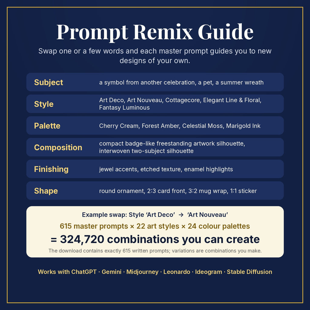 Prompt Remix Guide: swap subject, style, palette, composition, finishing and shape; 615 master prompts × 22 styles × 24 palettes = 324,720 combinations you can create